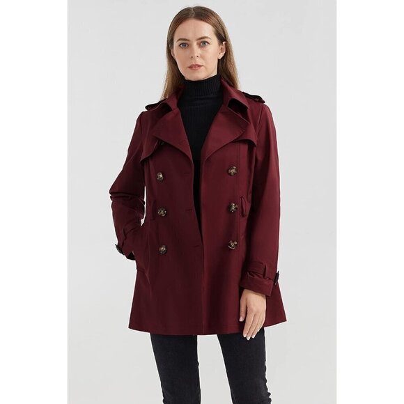 ❤️Women's Trench Coat with Belt Lightweight Double-Breasted Long  Jacket-Darkred - Picture 3 of 6